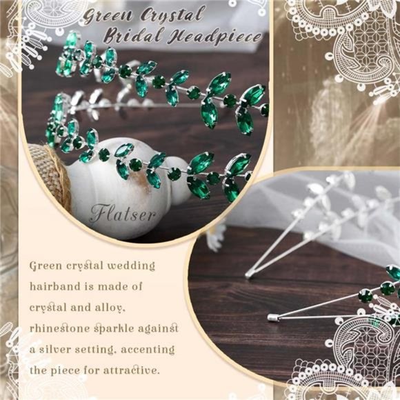 Flatser Green Crystal Bridal Headpiece Double Layer Silver Rhinestone main image 7